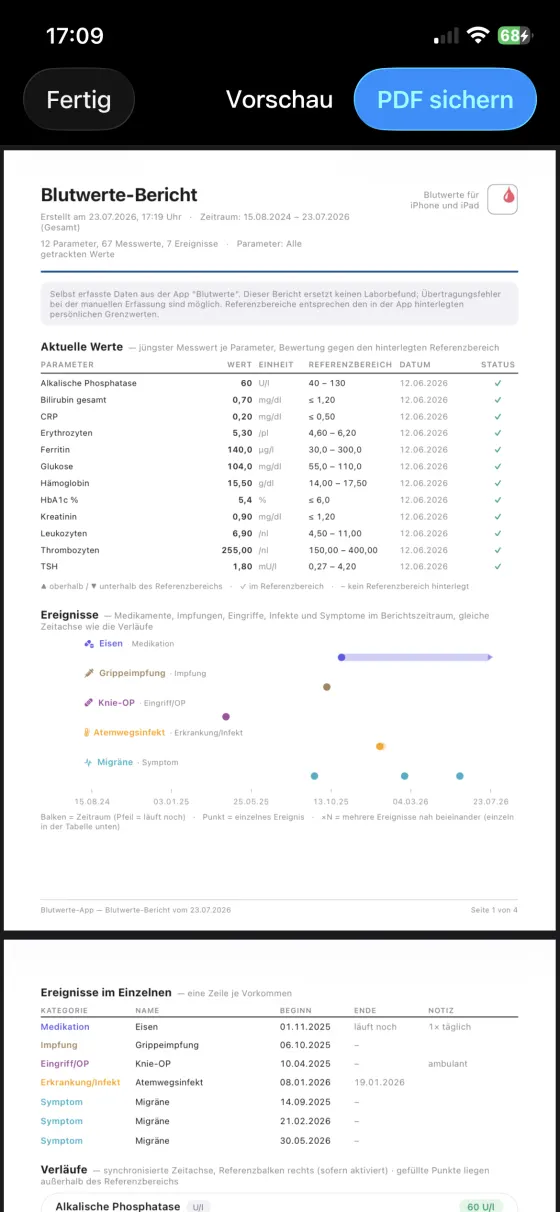 PDF-Arztbericht-Vorschau in der Blutwerte-App